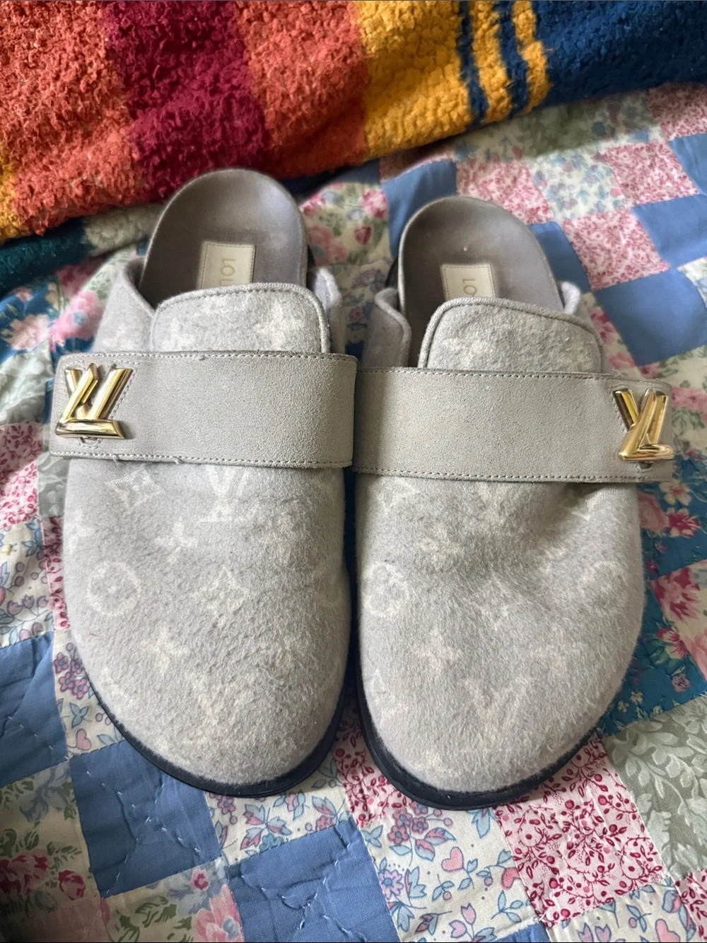 Louis Vuitton Kids Light Gray Monogram Slip-On Clogs with Gold LV Buckles